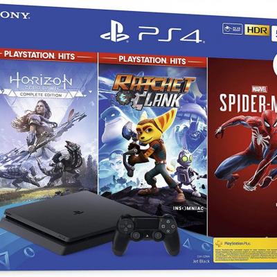Console ps4 slim 500 gb black hits pack hzd ratchet spiderman