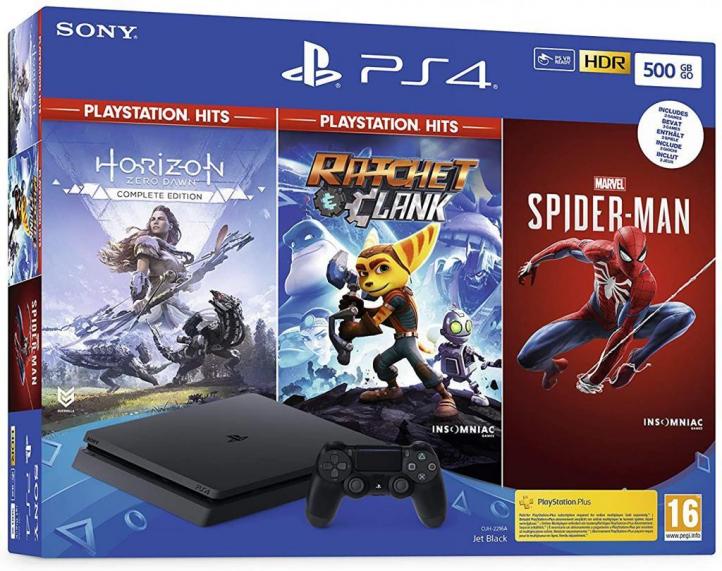 Console ps4 slim 500 gb black hits pack hzd ratchet spiderman