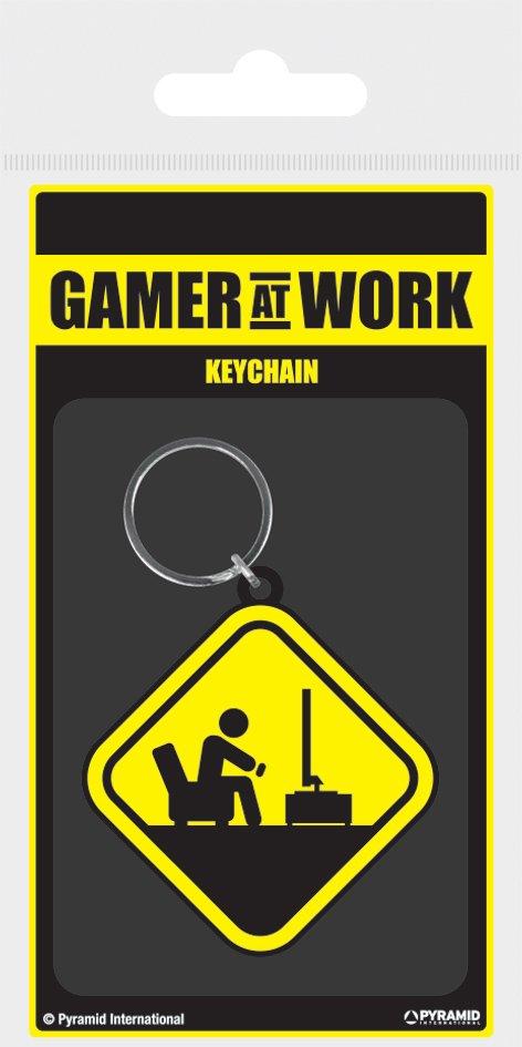 Gamer at work porte cles caoutchouc caution sign